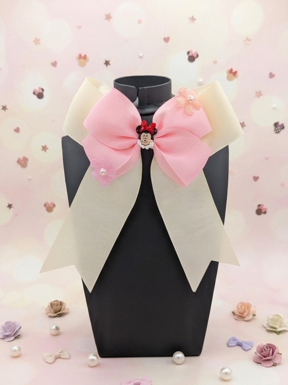 Large Layered Pastel Yellow & Pink Minnie Mouse Hairbow With Charm